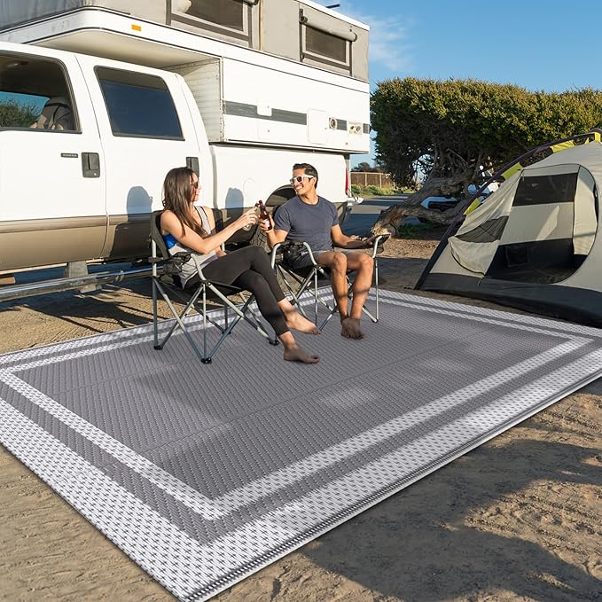 HappyTrends,Outdoor Rug,Patio Rug,Reversible Portable Outdoor Plastic Straw Rug,Camping Rugs for Outside RV,Large Waterproof Area Rugs for Patio,Deck,Picnic,Porch,Balcony(4'x 6',White&Gray)
