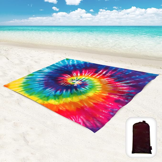 Beach Blanket Waterproof Sandproof Oversized 95”x 80”,Sand Free Beach Mat with Corner Pockets,Portable Mesh Bag for Beach Festival,Picnic,Travel and Outdoor Camping (Rainbow)