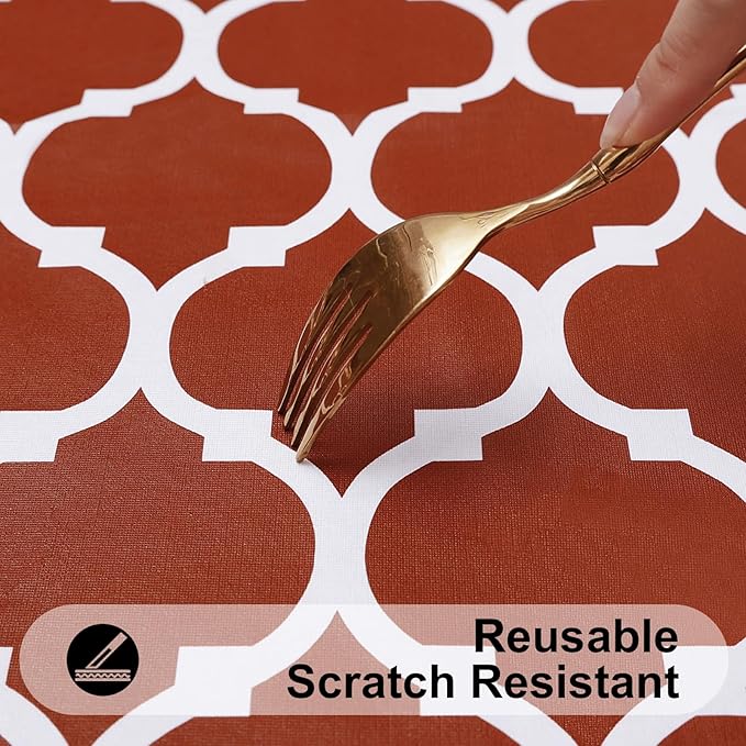 Smiry Rectangle Picnic Table Cover, Waterproof Elastic Fitted Camping Tablecloths for 6 Foot Tables, Wipeable Flannel Backed Vinyl Tablecloth Protector for Indoor, Outdoor (Rust, 30x72 Inches)