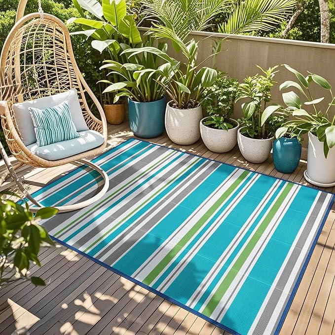 Outdoor Patio Plastic Rug Waterproof - Outdoor Rugs for Camper Outside, Rv, Porch Deck Rug Clearance, Area Carpet for Outside, Balcony, Patio Decor, Turquoise & Grey, 4x6 ft