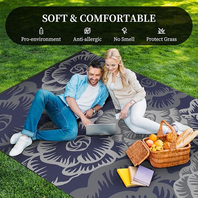 MontVoo Outdoor Rug-Waterproof Patio Rug Mat 6x9 Outdoor Carpet Mat Reversible Plastic Straw Outside Outdoor Rug for RV Camping Picnic Beach Balcony Backyard Pool Deck Farmhouse Floral Navy Blue