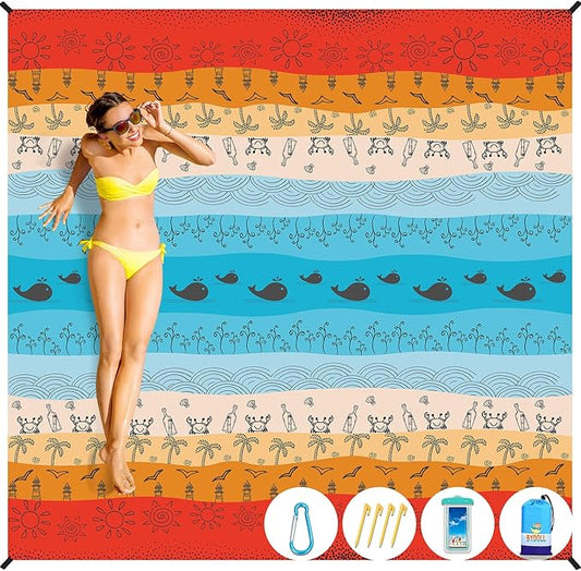 BYDOLL Beach Blanket Waterproof Sandproof 78''×81'' Suits1-4 Adults Compact Lightweight Oversized Sand-Free Blanket Large Picnic Mat for Beach Travel Camping Hiking