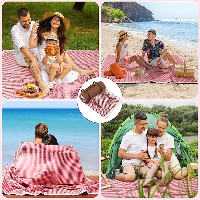 Waterproof Picnic Blankets Outdoor Blanket Foldable 2 in 1 Double Layer Sandproof Beach Mat with Carry Strap for Camping Lawn Park Beach Grass(Red White,59 x 79 Inches)
