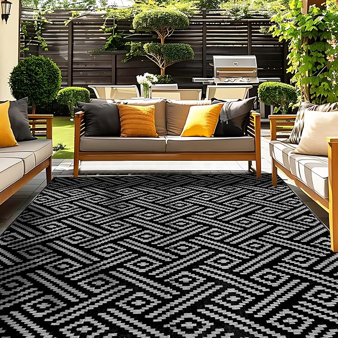 OPPODREAM Outdoor Rug 8x10 Patio Waterproof, Large Outdoor Plastic Straw Rug, Reversible Out Door Carpet for Camping, Deck, Rv, 8 x 10 Area Carpet for Balcony, Porch, Backyard, Black and Grey
