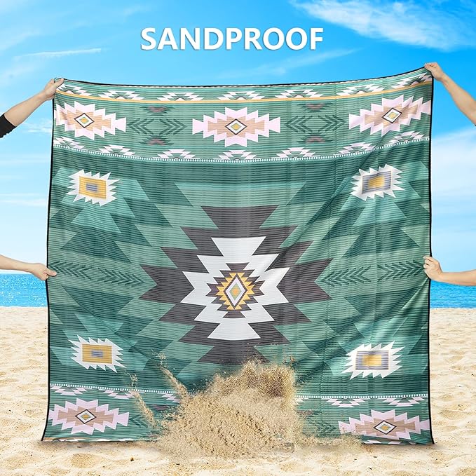 Beach Blanket, Sandproof Beach Mat, Waterproof Quick Drying Lightweight Outdoor Aztec Picnic Mat 79" X 83" for 2-4 Adults with Pocket for Travel, Camping, Hiking
