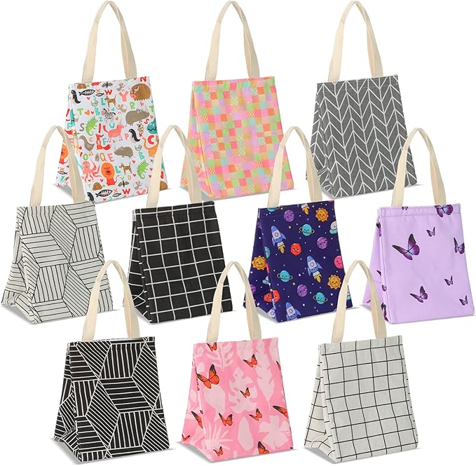 Berlune 10 Pcs Insulated Lunch Bag Bulk 8.3 x 6.7 x 10.24 Inch Reusable Portable Lunch Tote with Aluminum Foil Thermal Cooler Bag for Kids Women Men Office School Picnic, 10 Styles