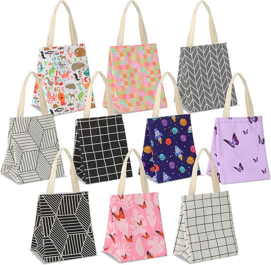 Berlune 20 Pcs Insulated Lunch Bag Bulk 8.3 x 6.7 x 10.24 Inch Reusable Portable Lunch Tote with Aluminum Foil Thermal Cooler Bag for Kids Women Men Office School Picnic, 10 Styles