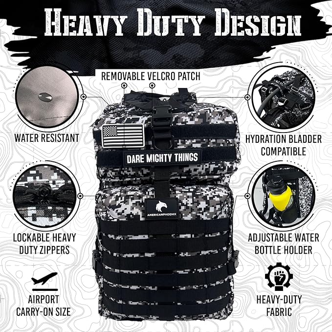 45L Elite Tactical Backpack | 3X Stronger Work & Military Backpack | Water Resistant and Heavy Duty | 3 Day MOLLE Bug Out Bag (Snow Leopard)