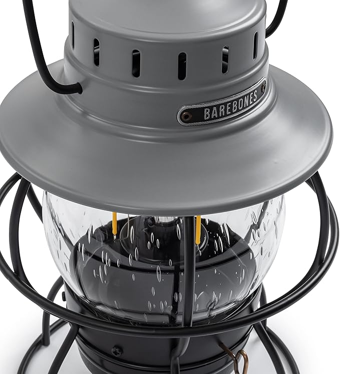Barebones Railroad Lantern – State Gray, Vintage-Inspired LED Camping Lantern with Rechargeable Battery – Adjustable Brightness Outdoor Light for Camping Gear, Backyard, and Home Decor