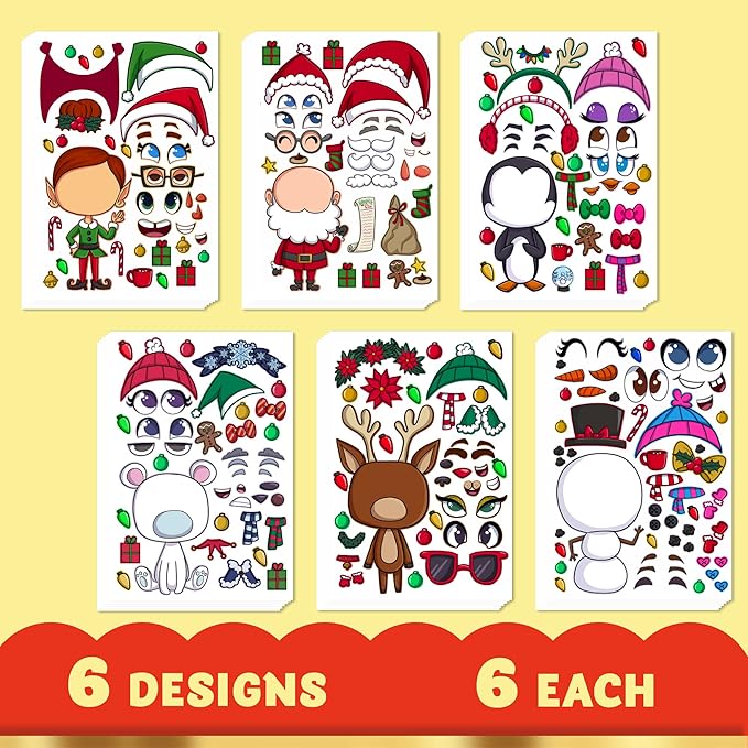 JOYIN 36 Pcs Christmas Make-a-face Sticker Sheets Make Your Own Xmas Characters Mix and Match Sticker with Full Body Design Reindeer, Snowman, Elf, for Kids Party Favor Art Craft Classroom Activities