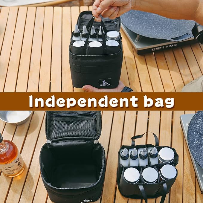 HIKEMAN Camping Portable Spice Set with 9 Spice Containers Pepper & Salt Spice Shakers, Separable Storage Bag for Outdoor Travel Camping BBQ Picnic