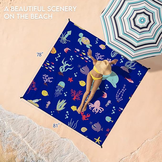 BYDOLL Beach Blanket Waterproof Sandproof 78''×81'' 1-7 Adults Oversized Lightweight Large Picnic Mat Waterproof Sandproof Blanket for Beach