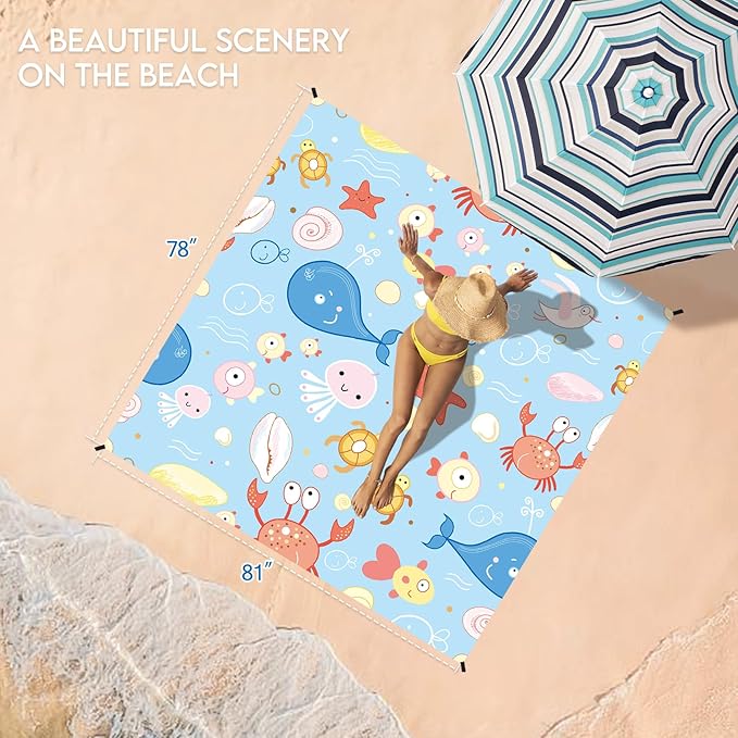 BYDOLL Beach Blanket 78''X81'' 4-7 Adults Oversized Lightweight Waterproof Sandproof Blanket for Beach Large Picnic Mat Travel Camping