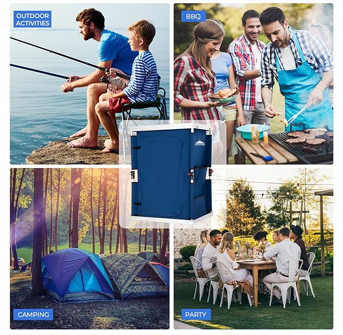 EAGLE PEAK Outdoor Folding Camping Table with Large 3-Tier Storage Organizer and Side Pockets, Easy Set Up Portable Aluminum Camping Kitchen, Blue