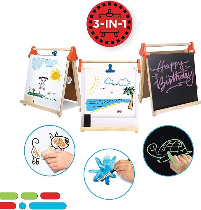 Discovery Kids 3-in-1 Tabletop Dry Erase Chalkboard Painting Art Easel, Includes Paper Roll and Oversized Clip, 17 x 15 Inch Wood Frame, Perfect for Children 3+ | Foldable/Portable for Countertop Play