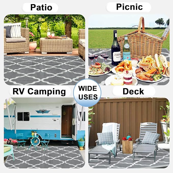 OutdoorLines Outdoor Plastic Area Rugs for Patio 4x6 ft - Reversible Outside Carpet, Stain & UV Resistant RV Mats, Straw Rug for Patio, Camping, Porch and Balcony, Moroccan Grey & Light Grey