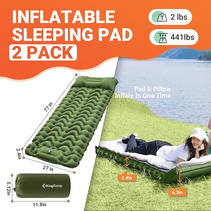 KingCamp Sleeping Pad for Camping, Inflatable Sleeping Pad Ultralight Connectable Camping Mattress with Pillow Built-in Foot Pump for Backpacking Hiking Tent Cot