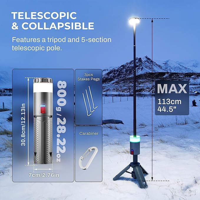 Telescopic Camping Light, 2000LM 10000mAh Rechargeable Camping Lantern with 15 Colors, Remote, IPX4 Waterproof, 180°Rotatable Portable Outdoor Tent Light for Power Outages, Working and Hiking