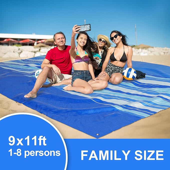 Mooreeke Beach Blanket Extra Large Oversized 9 x 11 ft, Blue Waves Sandproof Waterproof Quick Drying Lightweight Compact Outdoor Blanket Beach Mat for Family Travel Camping Picnic, 1-8 Adults