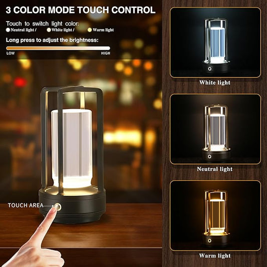 Portable Metal Table Lamp,Cordless Table Lamp, Rechargeable Battery Powered Portable LED Desk Lamp, 3 Color Stepless Dimming Touch, for Bedroom Restaurant Home Outdoor(Black)
