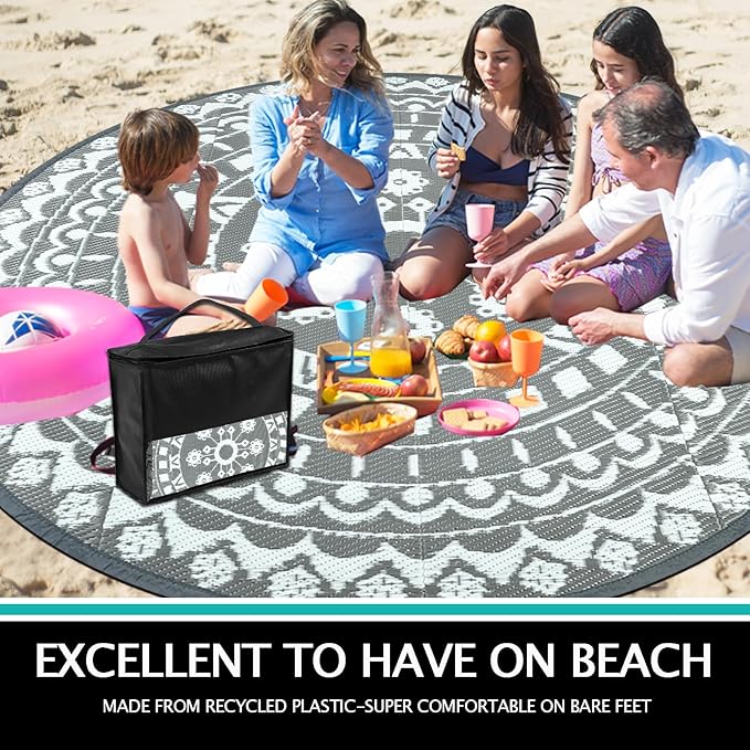 Capslpad 10Ft Round Outdoor Rug for Patios Clearance Reversible Mat Plastic Straw Patio Rugs Lightweight RV Camping Mat Circle Outside Area Rug Carpet for Balcony Deck Trailer Picnic BBQ, Grey