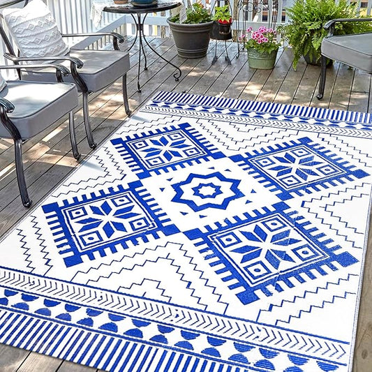 Waterproof Outdoor Rug 5x8ft, Boho Reversible Plastic Straw Mat for Patio RV Deck Porch Backyard Balcony Camping Picnic Beach Indoor Outdoor Carpet, Blue&White