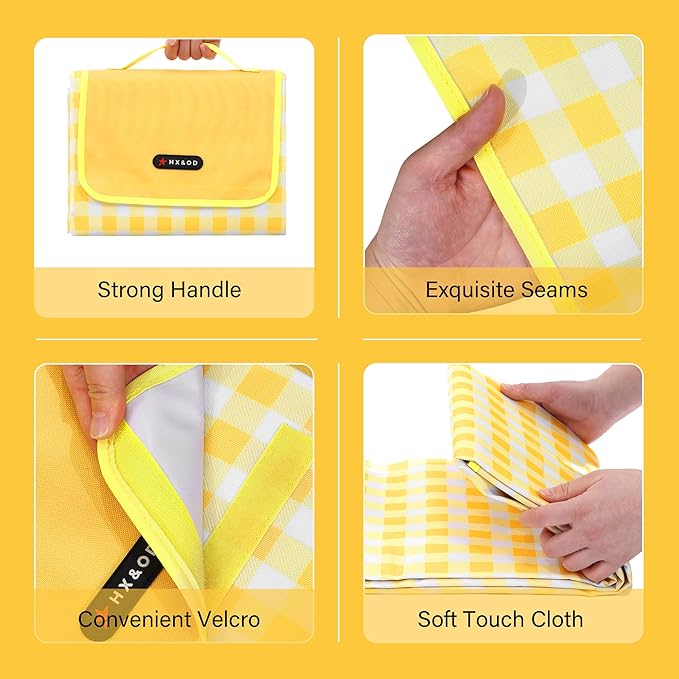 Outdoor Picnic Blanket 80"X80" Picnic Mat Extra Large Camping Blanket Beach Blanket Foldable Waterproof Sand Mat Hiking Travel Family Concerts(Yellow)