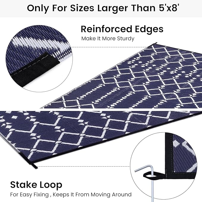 Smiry Outdoor Rug 9x12 ft, Waterproof Reversible Plastic Straw Rugs, Boho Outdoor Area Rug, Outside Floor Mat for Patio, Backyard, Deck, Picnic, Beach, Camping, Navy