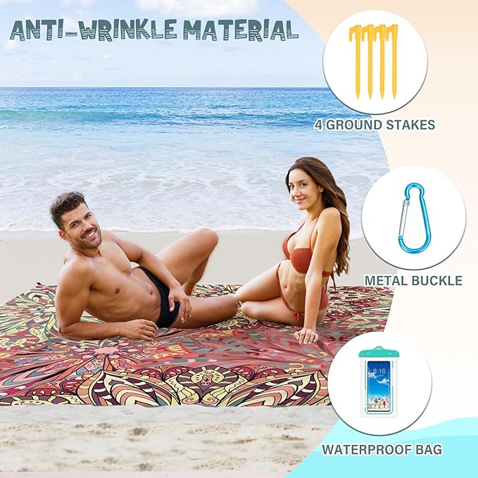 Beach Blanket Waterproof Sandproof 1-7 Adult Oversized 78 '' × 110 '' Lightweight Durable Compact Sand Free Beach Mat for Travel Camping Hiking Picnic Blanket Extra Large