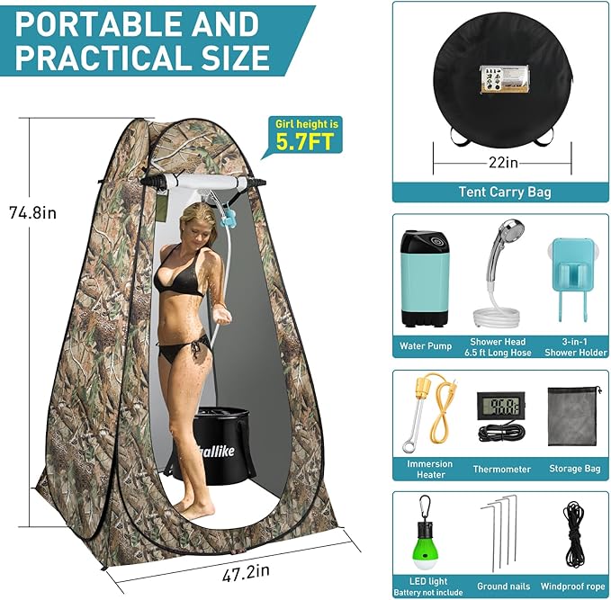 Portable Hot Shower Tent Kit - Immersion Heated 1000W, Rechargeable Pump, Pop-Up Tent for Adults Outdoor, 6.6 Gallon Folding Bucket