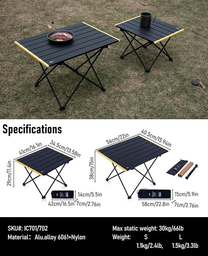 iClimb Ultralight Compact Camping Folding Table with Carry Bag (Black - L)