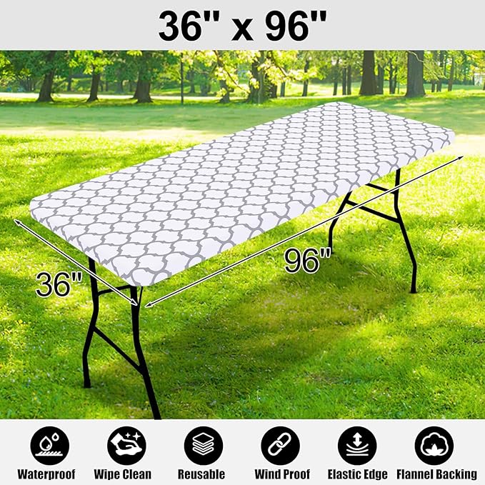 Smiry Rectangle Picnic Table Cover, Waterproof Elastic Fitted Camping Tablecloths for 8 Foot Tables, Wipeable Flannel Backed Vinyl Tablecloth Protector for Indoor, Outdoor (White, 36x96 Inches)