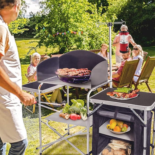 CampLand Folding Cooking Table Outdoor Portable Cook Station Aluminum Camping Kitchen with Storage Organizer (Black)