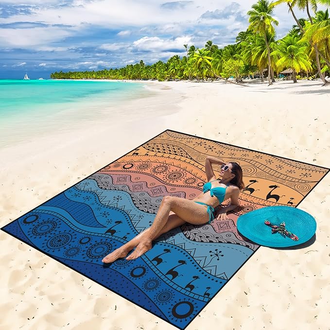 Beach Blanket Waterproof Sandproof Beach Mat 79" X 83" /10'x9'for 2-8 Adults Quick Drying Outdoor Picnic Mat Beach Accessories for Travel, Camping, Hiking