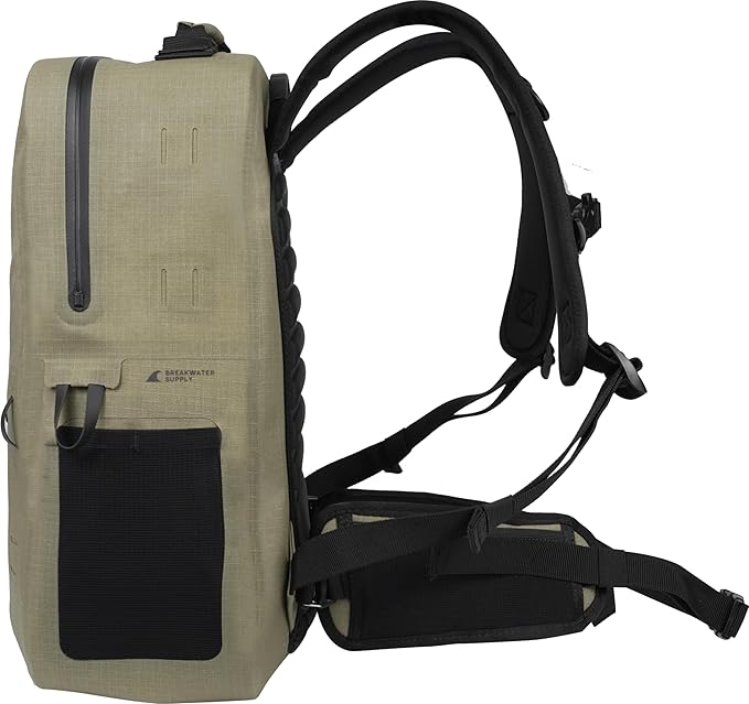 Breakwater Supply™ River Ute Waterproof IP68 Fishing Backpack, Floating TPU Submersible Dry Bag with Padded Hip Belt and Airtight Zippers | 20L (River Ute 20L CORDURA Safari Tan)