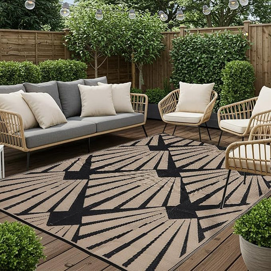Outdoor Rug for Patio, 9x12 Ft Reversible Outdoor Plastic Straw Rug Waterproof Foldable Camping Mat with Uv Protection, Quick-Dry Straw Patio Carpet for Deck Rv Porch Backyard - Black & Brown