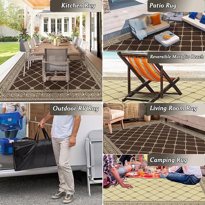 HiiARug Reversible Patio Floor Mat 5x8 Plastic Straw RV Camping Rug Reversible Large Mats for Outdoor, Patio, Backyard, Deck, Picnic, Beach, Trailer, Camping (Brown)