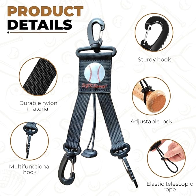 Baseball Softball Gear Hanger - 3 in 1 Dugout Organizer and Bat Holder with 2 Clips - Versatile Hiking and Camping Accessories