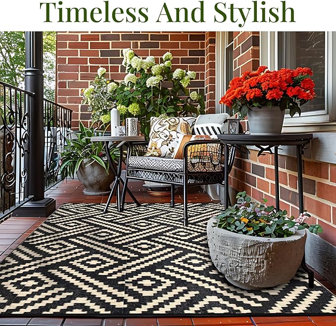 OPPODREAM Outdoor Rug 6x9 Ft, Waterproof Outdoor Plastic Straw Rug for Patio, Reversible Out Door Carpet for Camping, Deck, Rv, 6 x 9 Area Carpet for Balcony, Porch, Backyard, Black and Beige