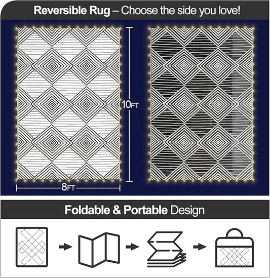 8x10ft Waterproof Outdoor Rug with LED Lights, Foldable Reversible Plastic Straw Mat for Patio RV Camping Picnic Balcony Beach Deck Indoor Outdoor Carpet, Black&White
