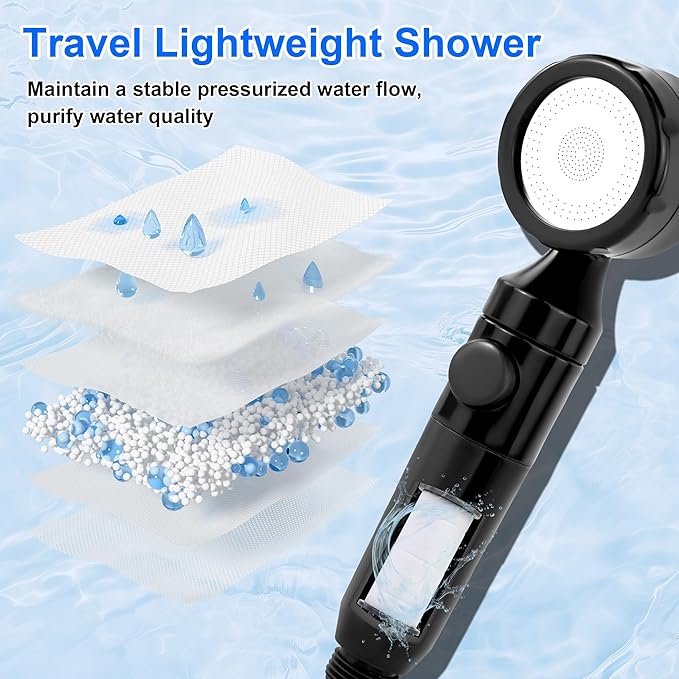 Lightweight Portable Camping Shower, 6000mAh Rechargeable Outdoor Shower Pump with 5 Pressure Modes, Filtered Shower Head, Temperature & Power Display for Hiking, Travel, Washing, Emergency