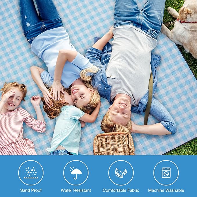 Picnic Blanket, 80''x80'' Waterproof Outdoor Blankets, Picnic Mat Washable for Beach, Picnic Blankets for Camping on Grass with Shoulder Strap - Blue & White