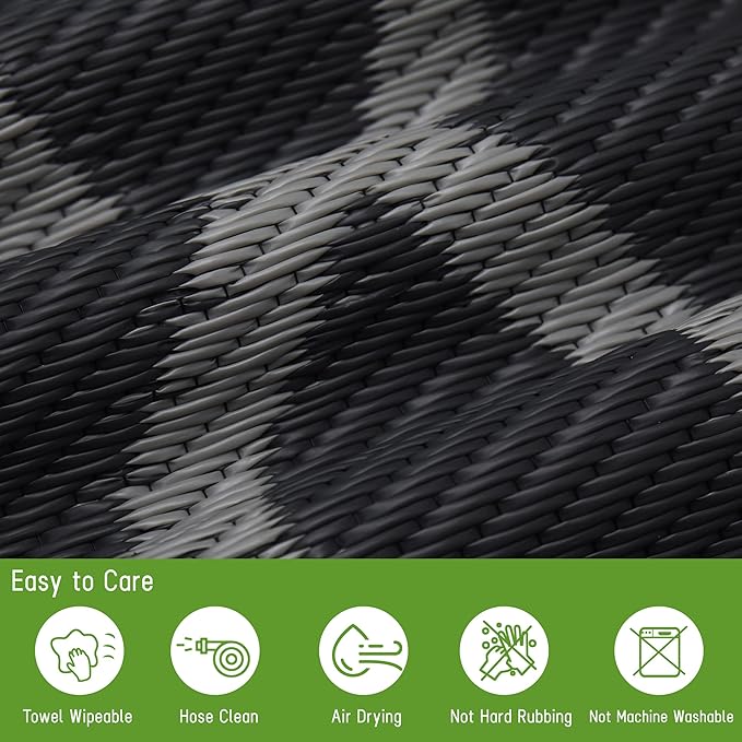 Easy-Going Reversible Outdoor Rugs 5x8ft Waterproof Plastic Straw Rug Stain & UV Resistant Floor Mat for Patio Porch RV Backyard Pool Deck Picnic Beach Trailer Camping (Moroccan Black & Grey)