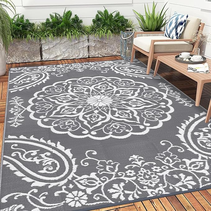Pauwer Waterproof Outdoor Rug 5x8, Reversible Plastic Straw Patio Camping Rug, Indoor Outdoor RV Mat Carpet for Deck, Camper, Porch, Balcony, Backyard, Picnic, Boho Grey