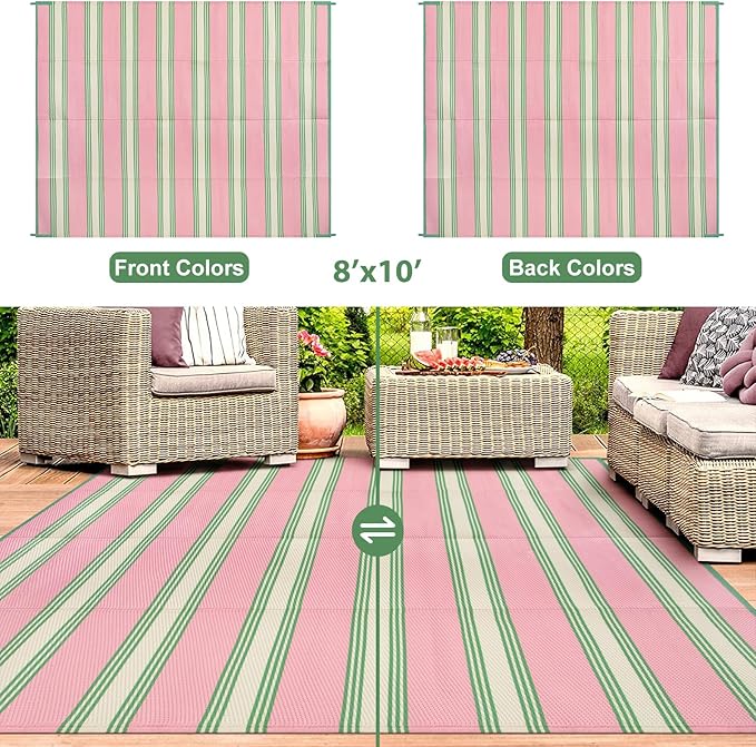 Lahome Striped Outdoor Rug 8x10 Patio Waterproof, Reversible Outdoor Plastic Straw Rug for Camping, RV Patio Rugs Outside Large Carpet for Porch Deck Backyard Picnic(Pink/Green,8'x 10')