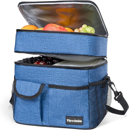 Tirrinia Large Insulated Lunch Box for Women Men, Double-Layer Leak-Proof Reusable Lunch Bag with 4 Pockets for Adult, Lunch Bag Cooler Tote for Office Work and Travel,Dark Blue