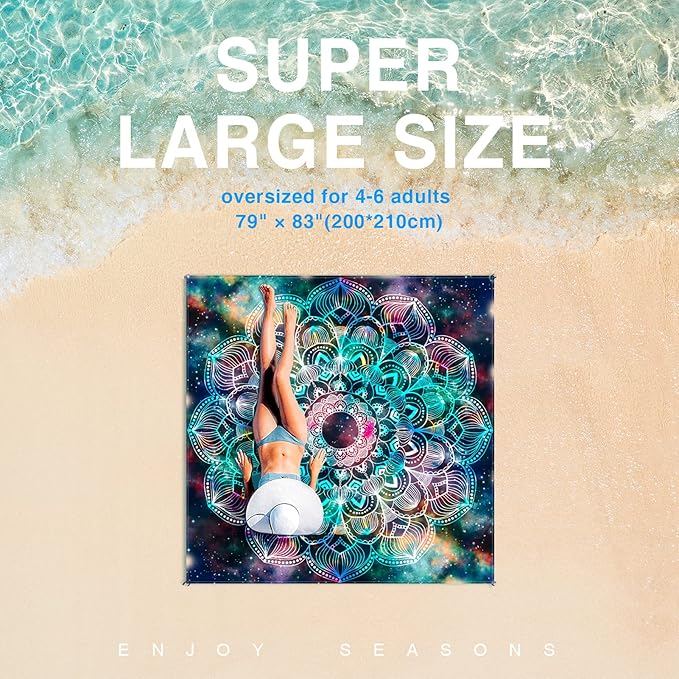 Beach Blanket, Waterproof Sandproof Beach Mat Oversized 79 X 83 Inch for 4-6 Adults, Lightweight Picnic Blanket, Portable Picnic Mat for Outdoor Travel Camping Hiking with 4 Stakes & 4 Corner Pocket