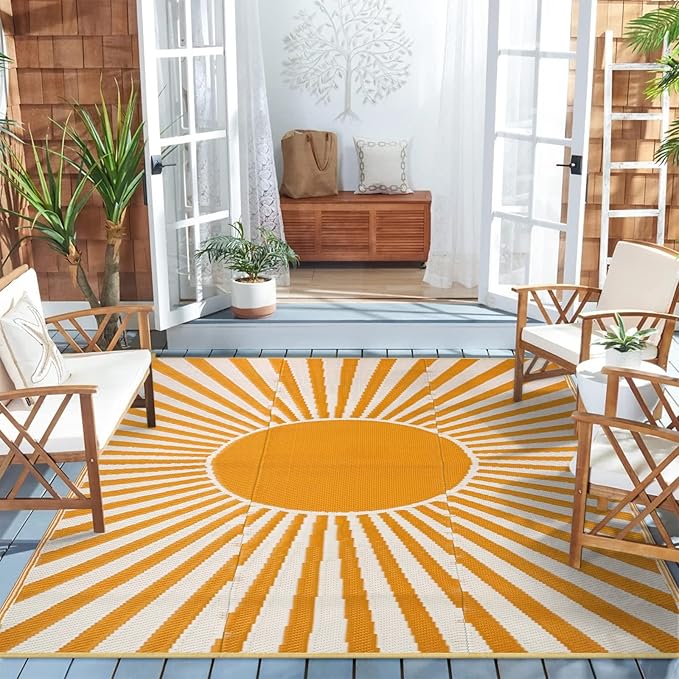 Wonnitar Outdoor Rug 6x9 Waterproof - Reversible Plastic Straw Patios Rug, Large Outside Portable Camper RV Mat, Outdoor Carpet for Deck Picnic Balcony Backyard Porch (Orange, 6'x9')