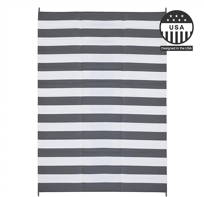FH Home Outdoor Rug - Waterproof, Fade Resistant, Reversible - Premium Recycled Plastic - Striped - Large Patio, Deck, Sunroom, RV, Camping - Brittany Stripe - Gray & White - 9 x 12 ft Foldable