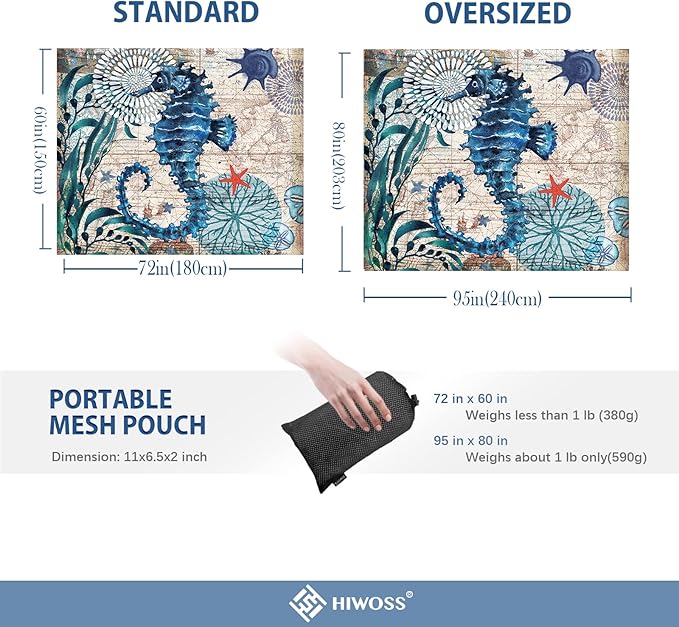Beach Blanket Waterproof Sandproof Oversized 95”x 80”,Sand Free Beach Mat with Corner Pockets,Portable Mesh Bag for Beach Festival,Picnic,Travel and Outdoor Camping (Seahorse)
